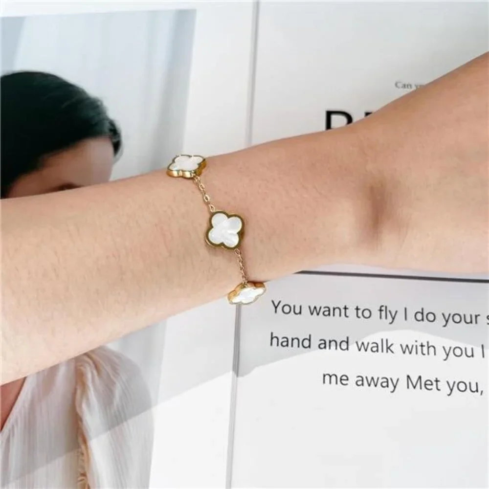 18K Gold Plated Clover Lucky Bracelet for Women White Flower - Picture 4 of 6